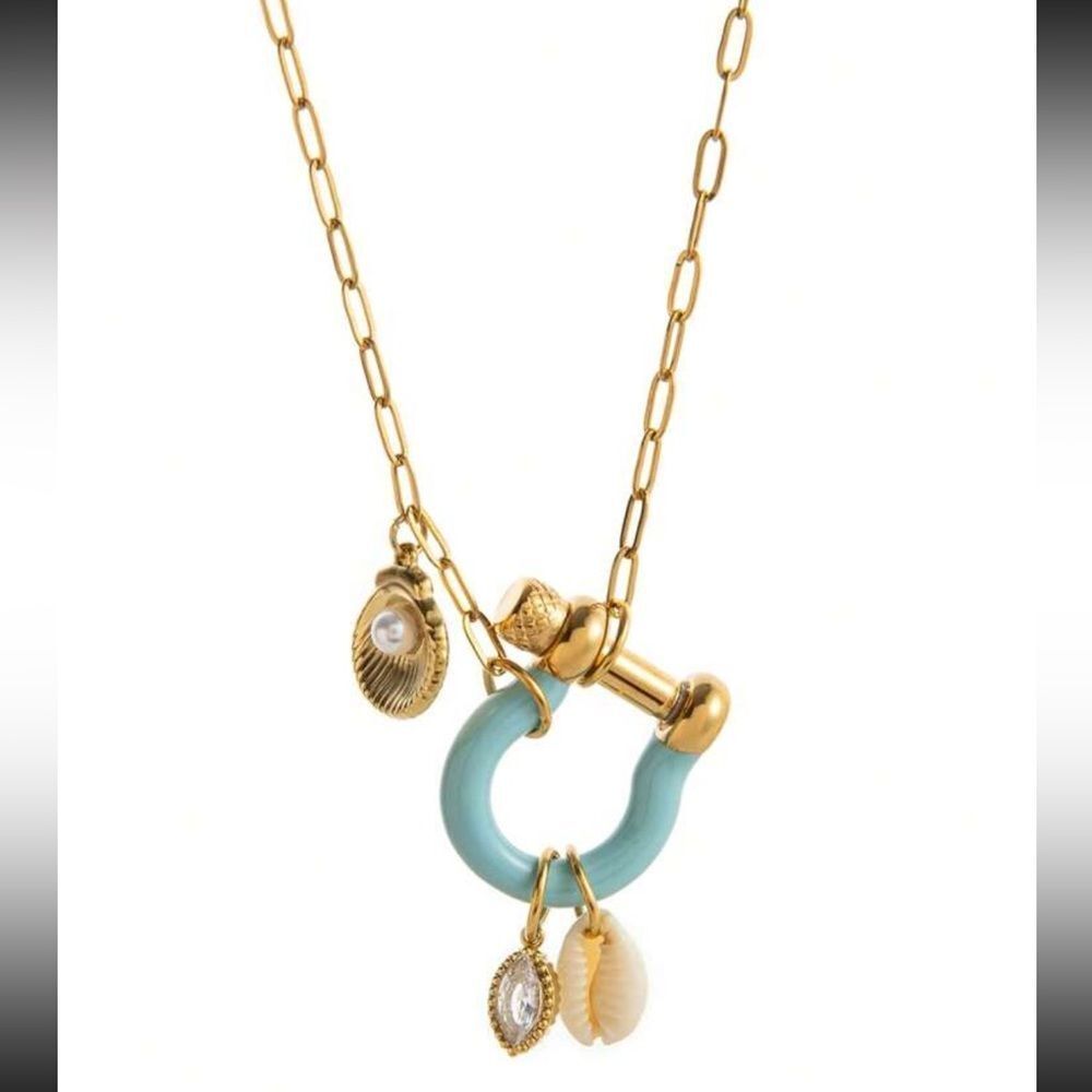 Anthropologie Gold Chain Necklace with Turquoise Hoop and Shell Charms